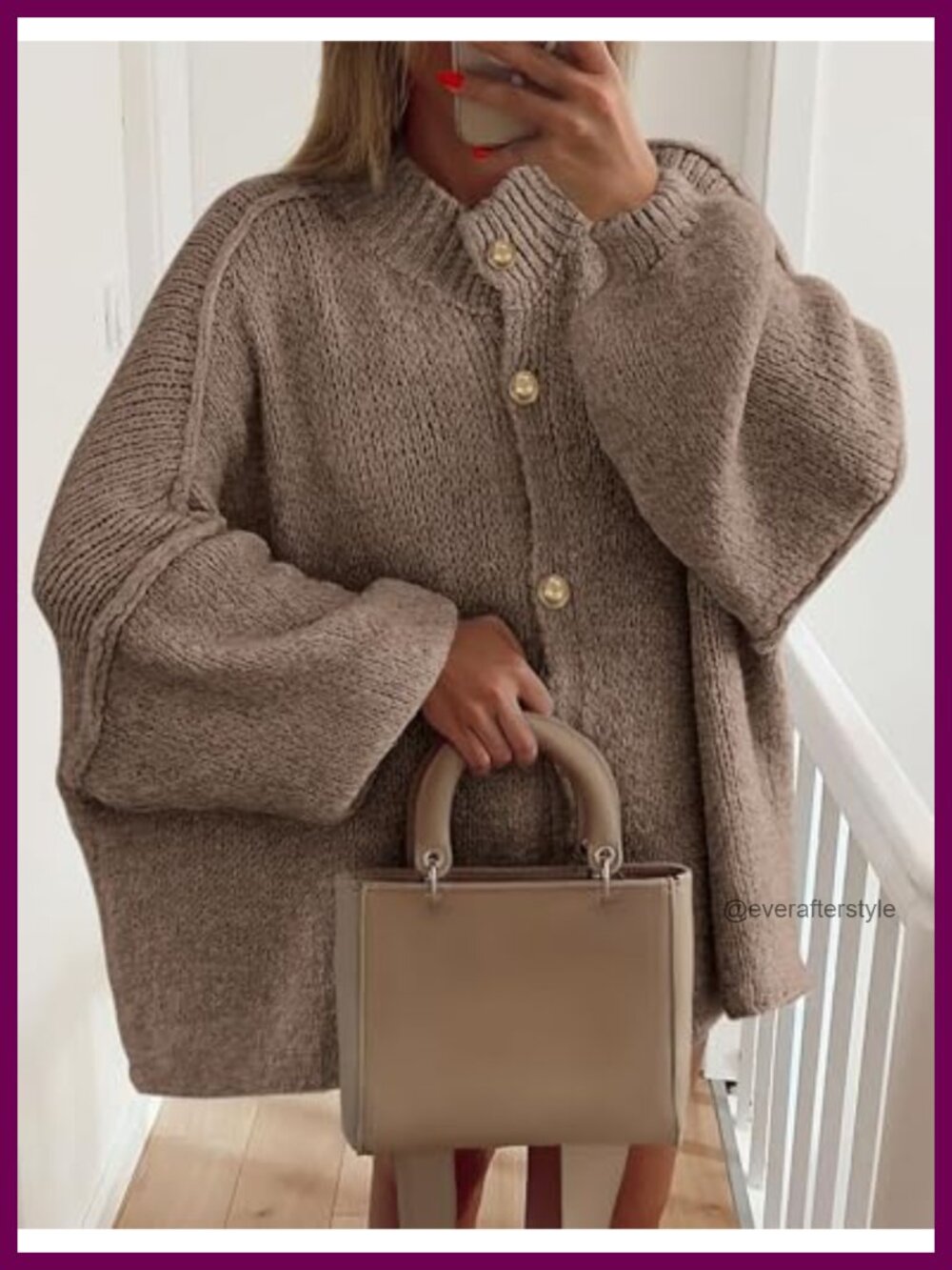 Women's Chunky Knit Button Down Cardigan Sweater Mock Neck Lantern Sleeve Jacket - Picture 3 of 6